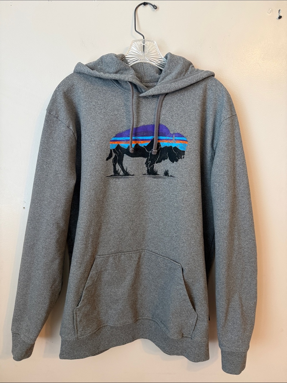 Patagonia Buffalo Bison Gray Sweatshirt Hoodie Size Large Regular Fit